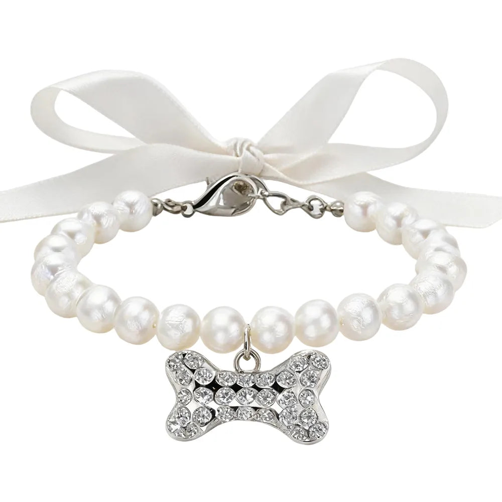 Pearl Necklace Collar with Gemstone Bow Tie