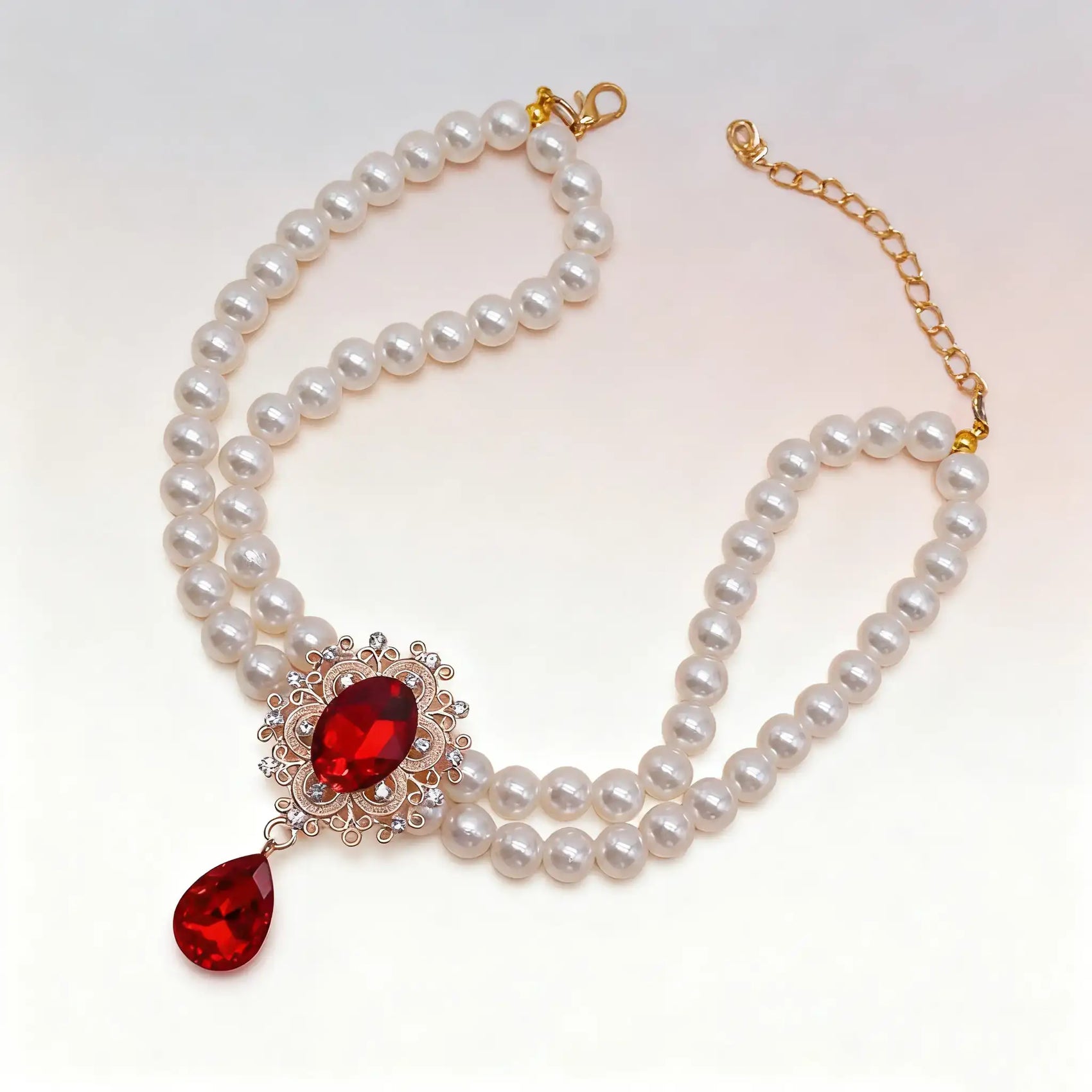 Double Layer Pearl Necklace with Gem Pendant for Pets