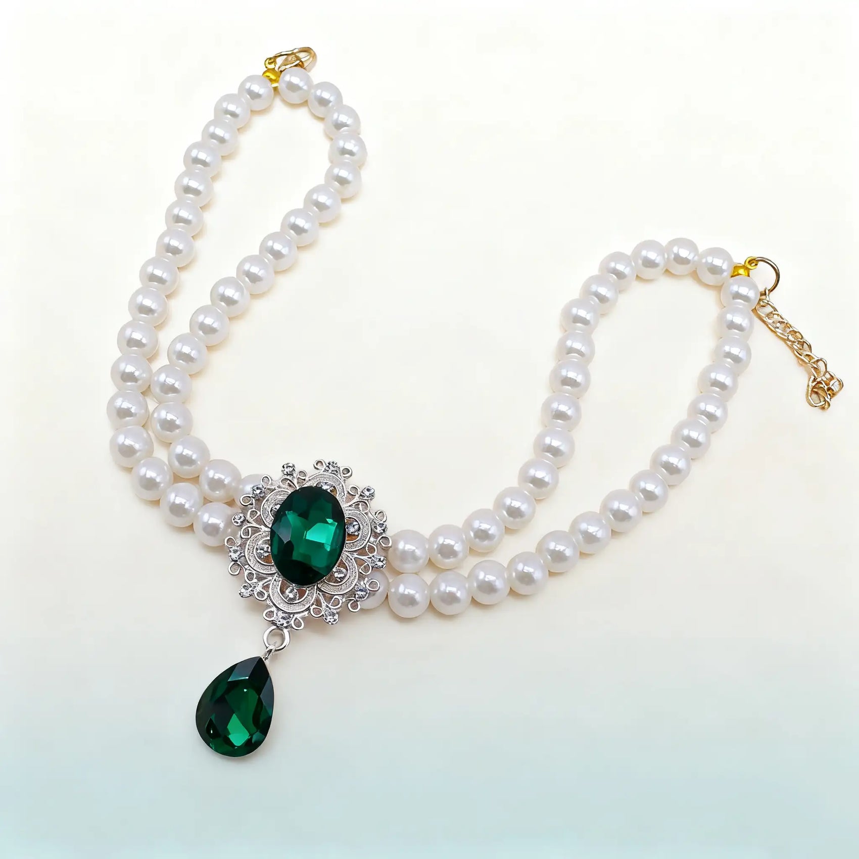 Double Layer Pearl Necklace with Gem Pendant for Pets