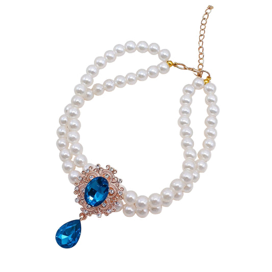 Double Layer Pearl Necklace with Gem Pendant for Pets