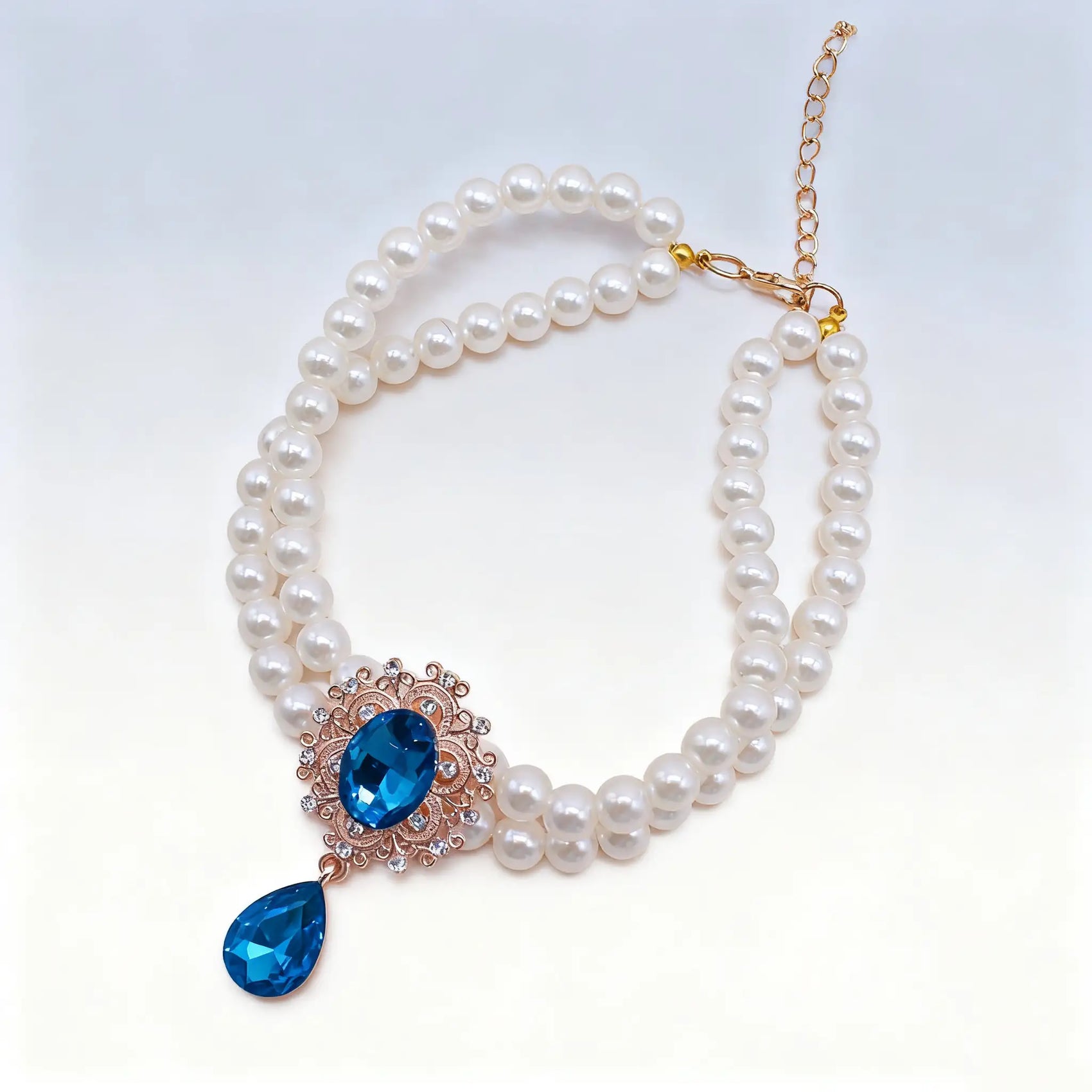 Double Layer Pearl Necklace with Gem Pendant for Pets