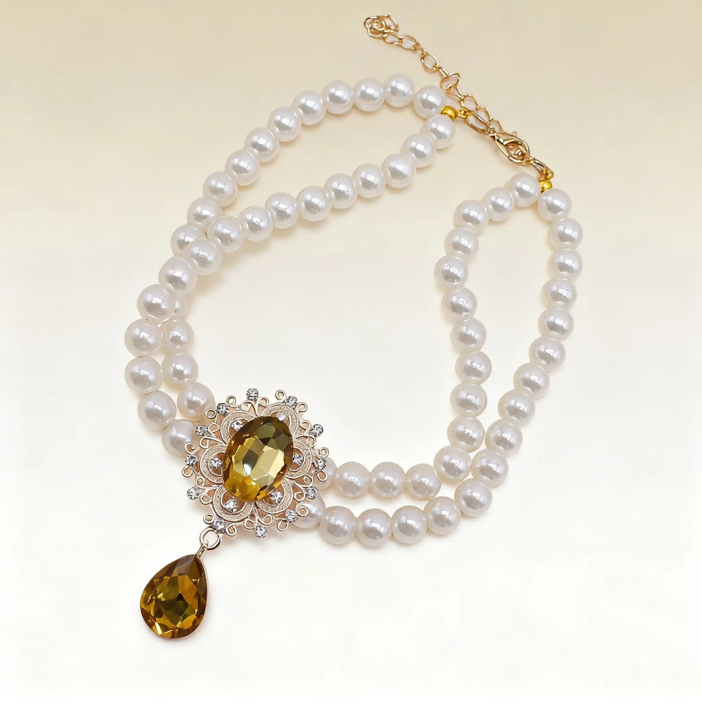 Double Layer Pearl Necklace with Gem Pendant for Pets