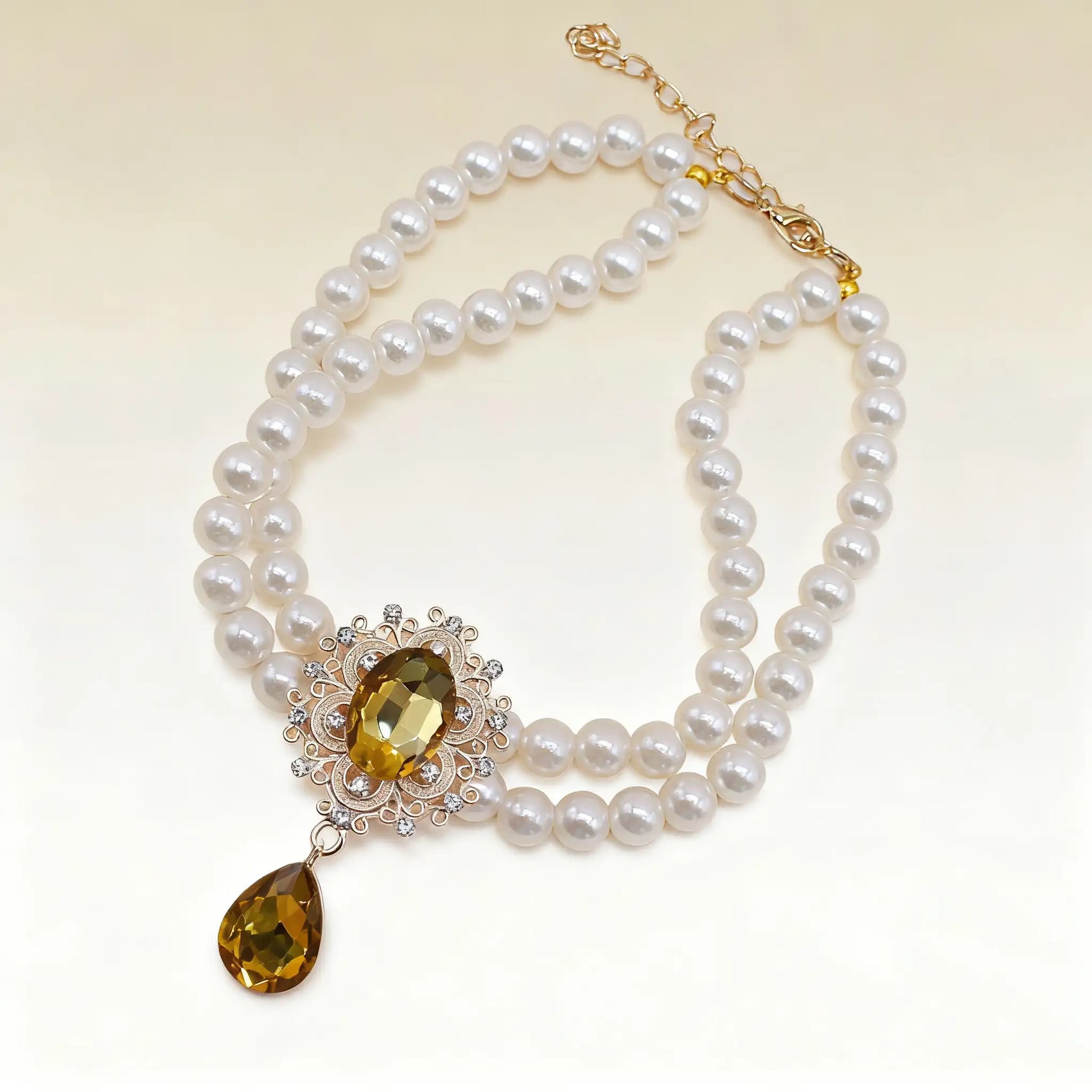 Double Layer Pearl Necklace with Gem Pendant for Pets