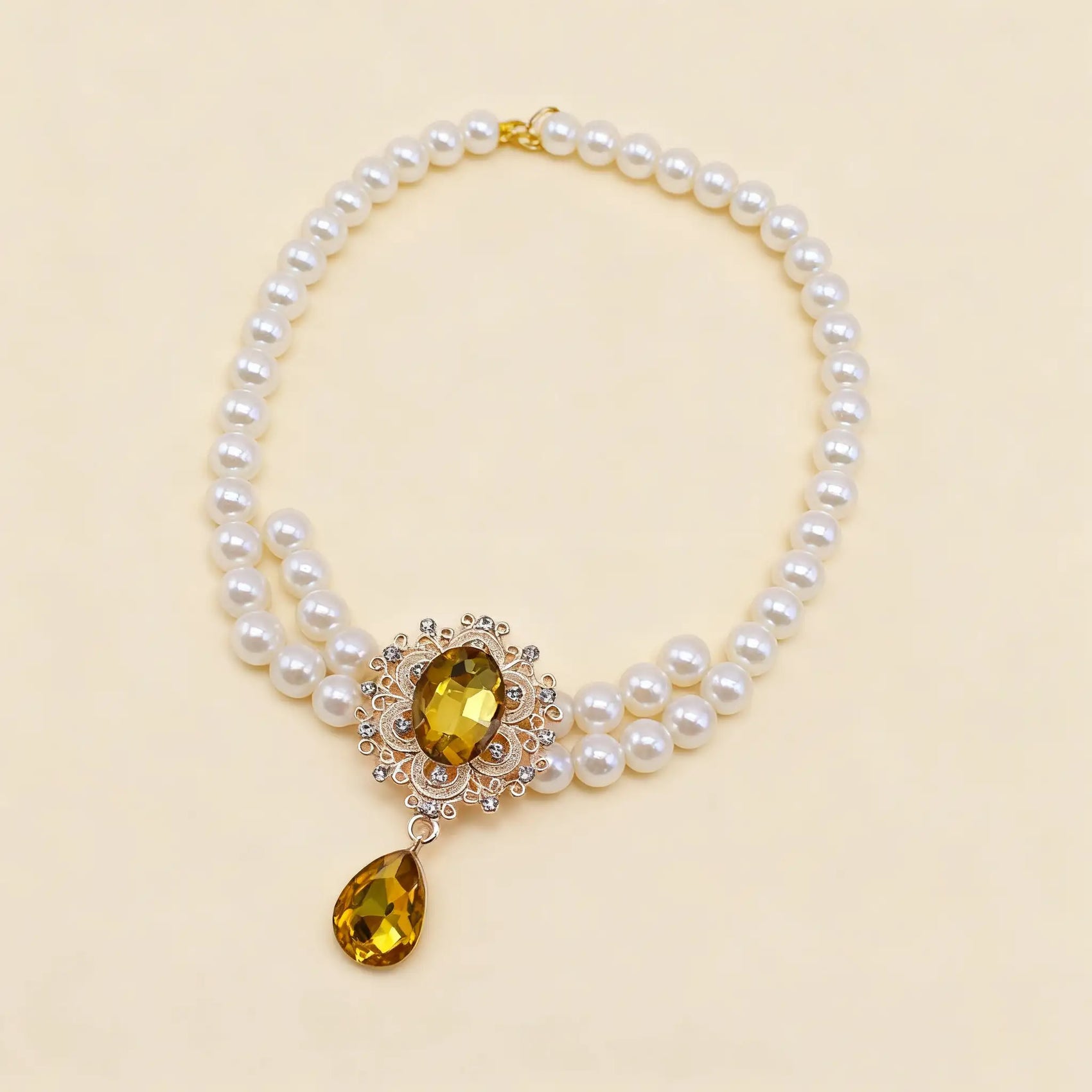 Double Layer Pearl Necklace with Gem Pendant for Pets