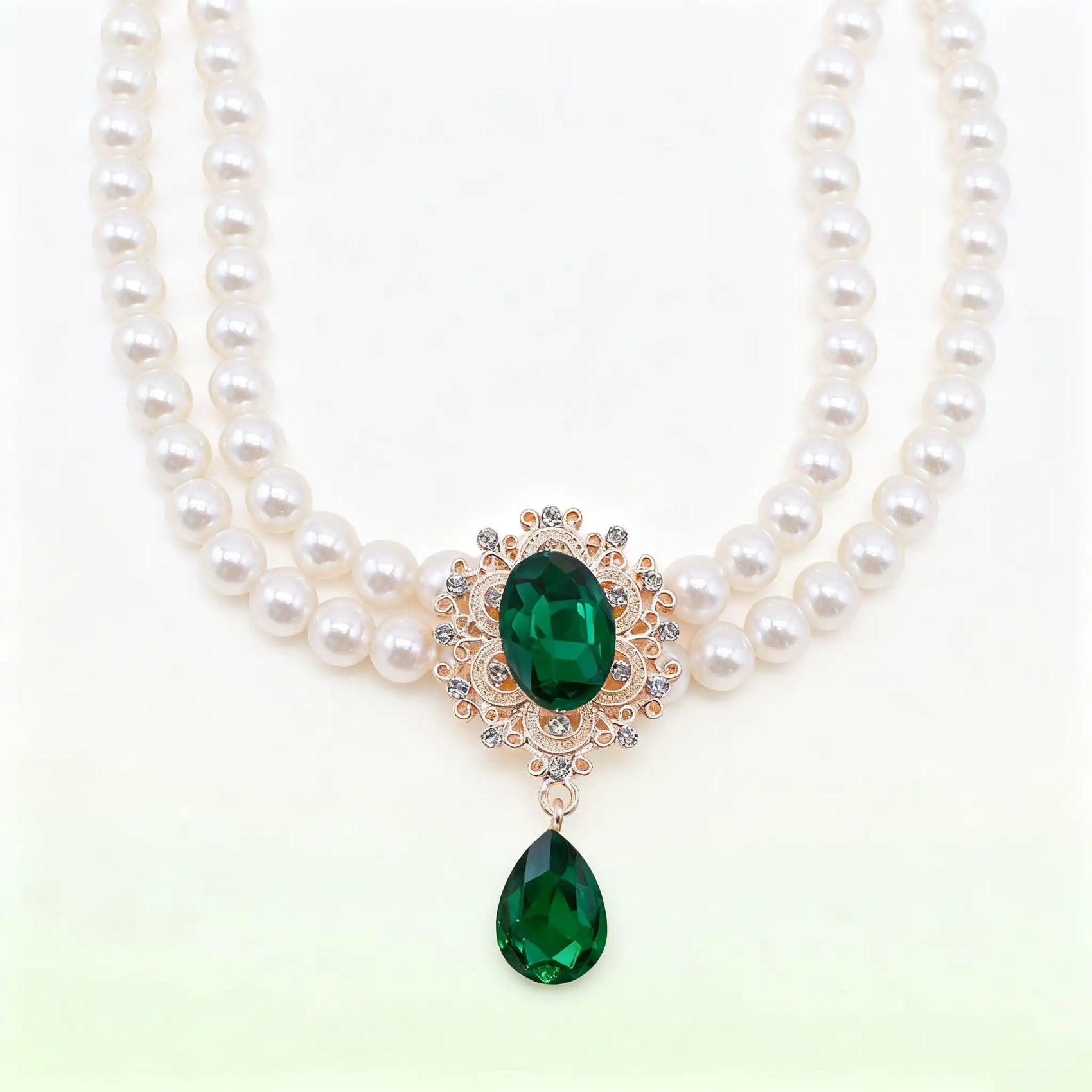 Double Layer Pearl Necklace with Gem Pendant for Pets