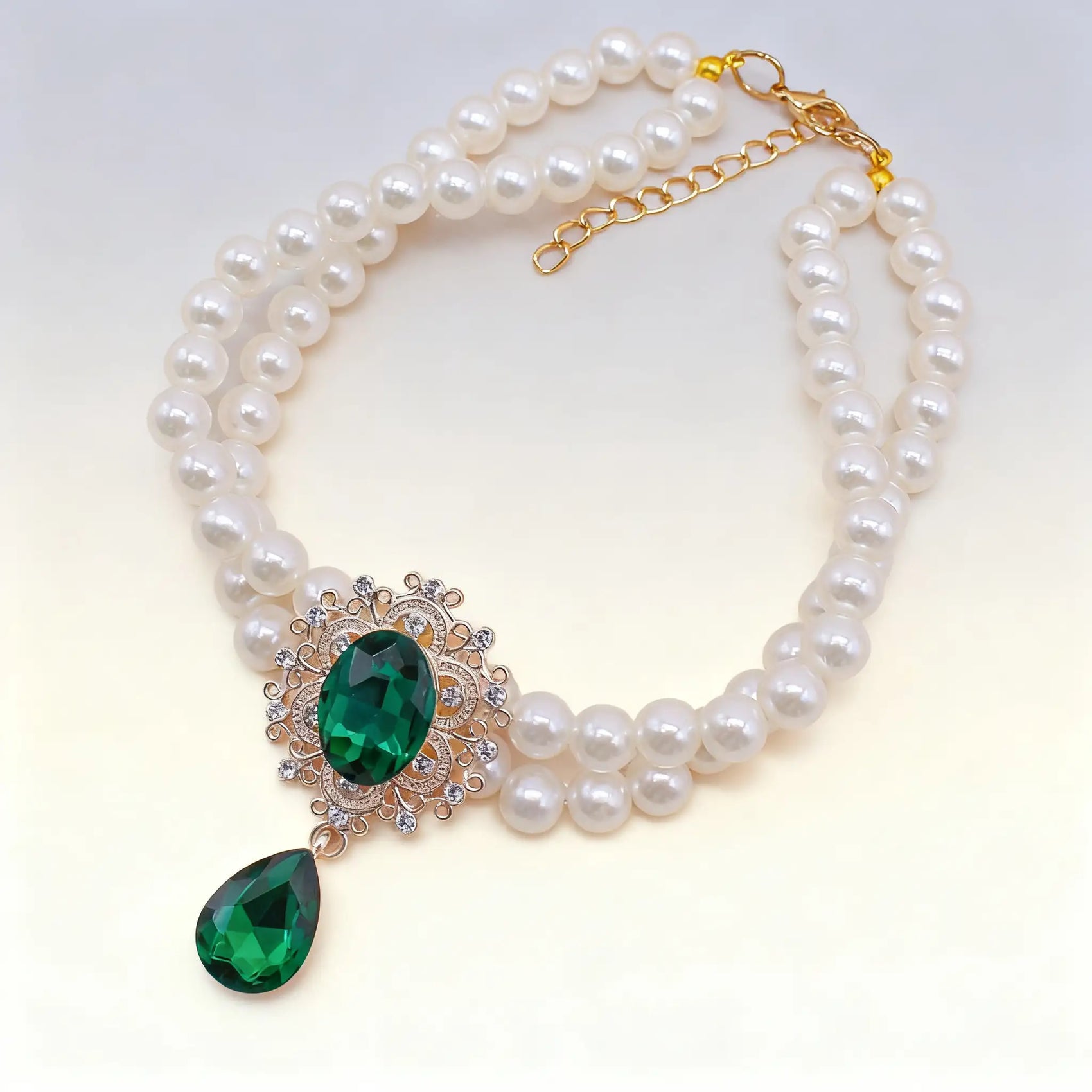 Double Layer Pearl Necklace with Gem Pendant for Pets