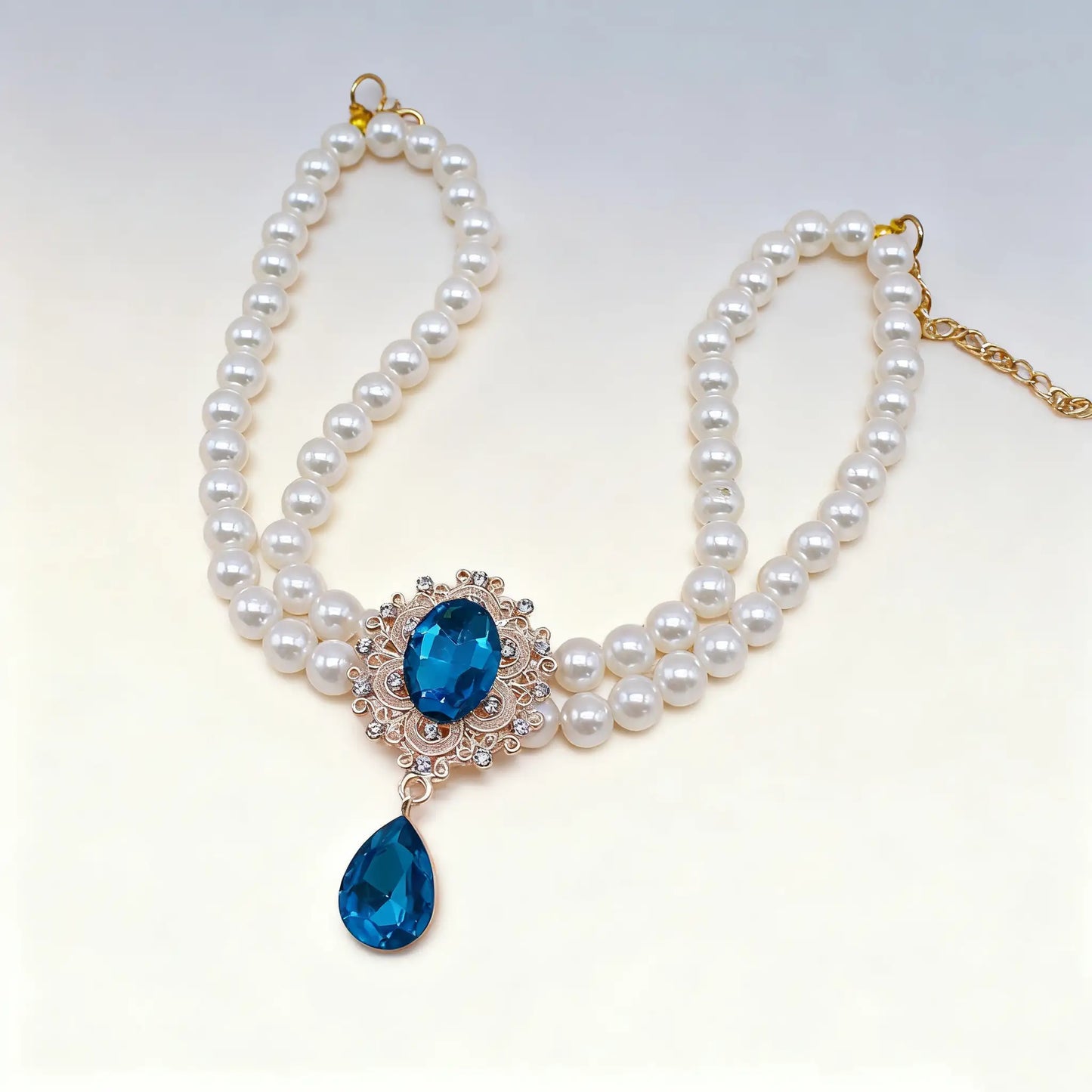Double Layer Pearl Necklace with Gem Pendant for Pets