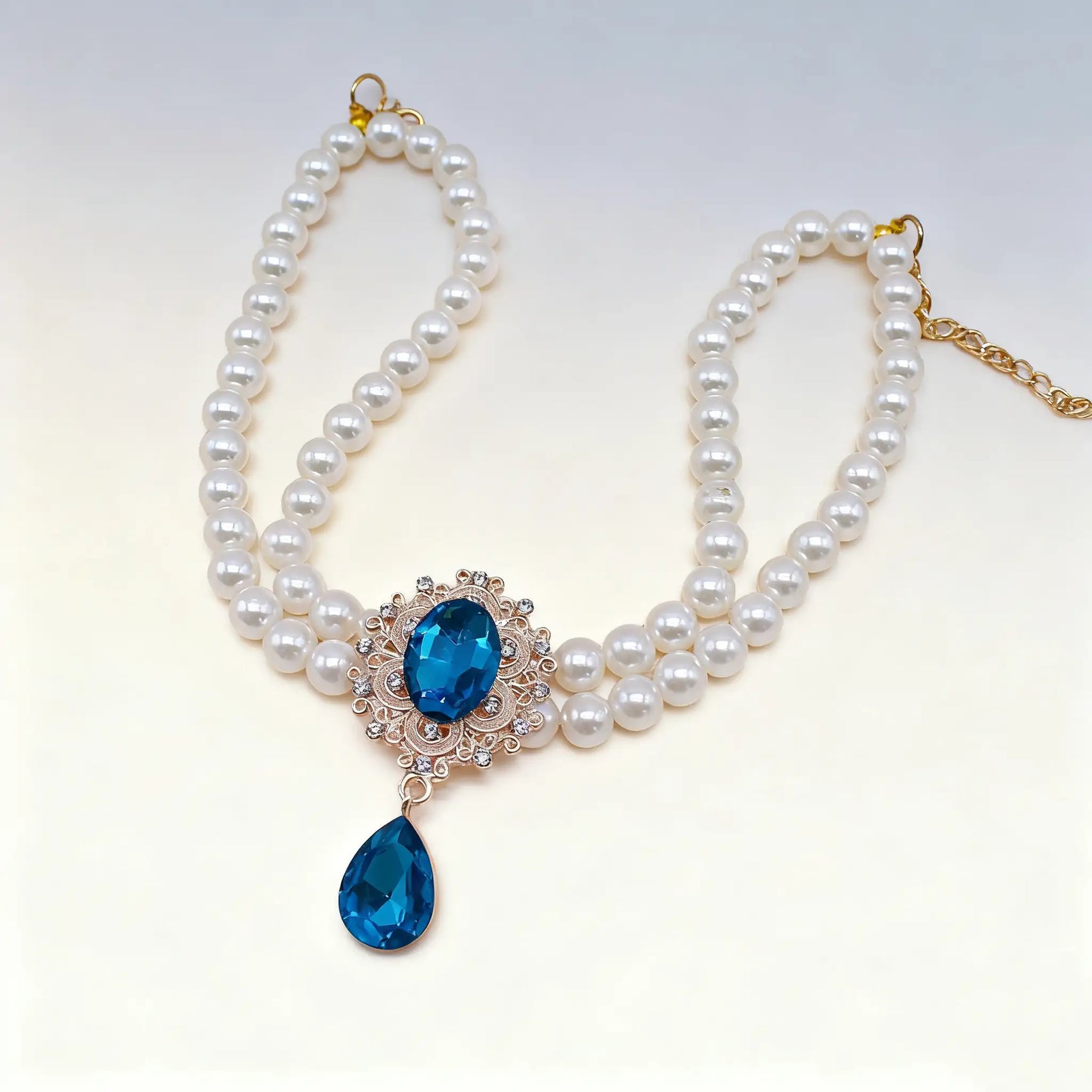 Double Layer Pearl Necklace with Gem Pendant for Pets