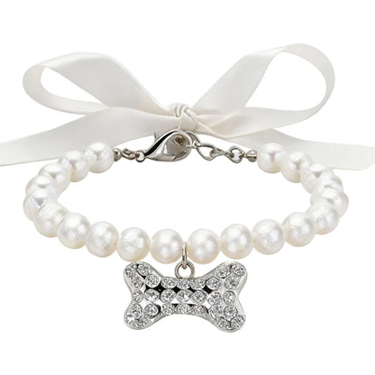 Pearl Necklace Collar with Gemstone Bow Tie