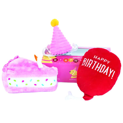 Plüschtier-Hundespielzeug mit Geburtstagskuchenhut und Quietscher